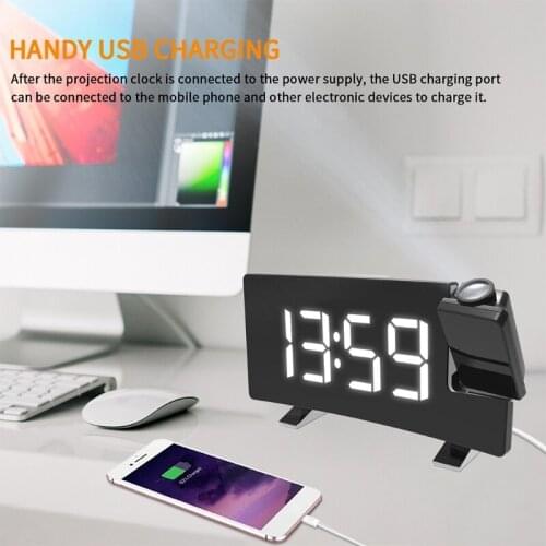 H7JF 1 Set Digital Curved Double Projection Alarm Clock LED LCD Display Projector Snooze Dual Alarm Clock FM Radio Timer