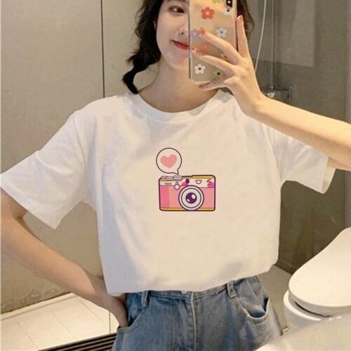 Kawaii Women T Shirt Graphic Camera Print Summer Short Sleeve 2021 Fashion White Tshirts Cute Girls Ladies Top Tee T-Shirts
