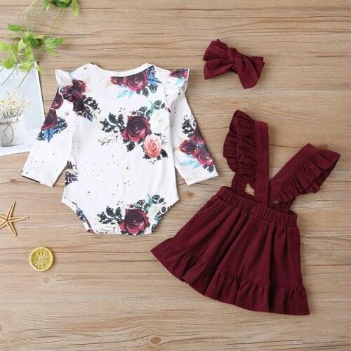 Dress For Baby Girls Long Sleeve Fashion Printed Romper + Sling Skirt Two-Piece Set Bodysuit For Girls+Solid Dress Two Piece