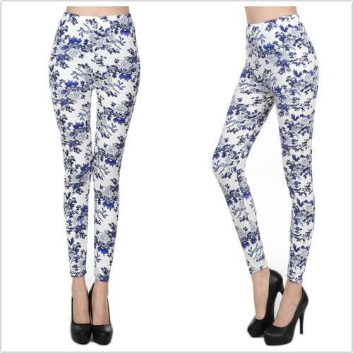 Godier Printed Fowers Painted Leggings Ink Chinese Style Playing Leggings Blue And White Porcelain Soft Comfortable Leggings 328