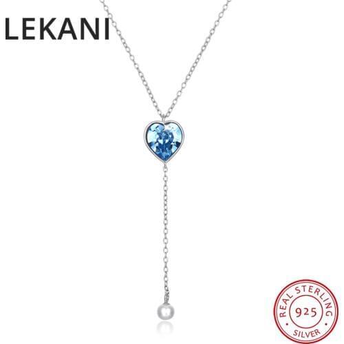 LEKANI Heart Crystals From SWAROVSKI Long Chain Pearl Pendant Necklaces Real 925 Silver For Women Girls Gifts Fine Jewelry