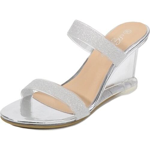 Mclubgirl Rhinestone High Heels Womens Summer New Versatile Summer Womens Shoes Simple Slope Heel Sandals Transparent LFD