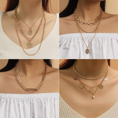 Boho Multi-layer Coin Chain Choker Necklace For Women Gold Silver Color Fashion Portrait Chunky Chain Necklaces Girl Jewelry