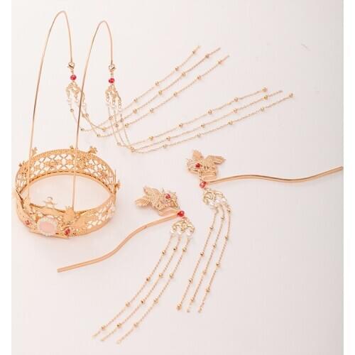 New Ancient Chinese Style Tiaras and Crowns Hairpins Jewelry Sets Hanfu Dress Gold Color Long Tassel Pearls Phoenix Headwear