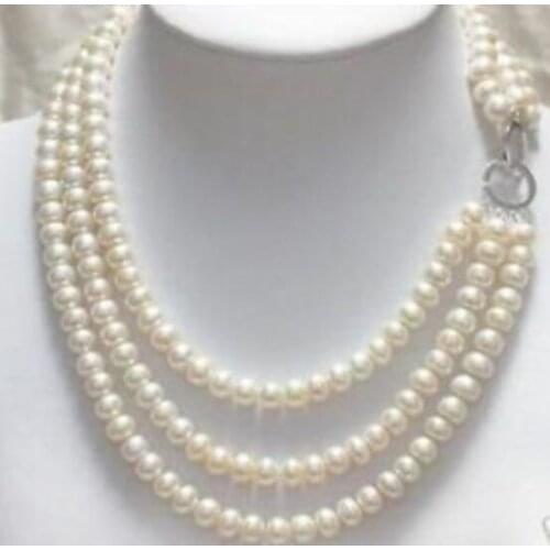 Charming 3 Rows White 7-8mm Cultured Pearl Necklace
