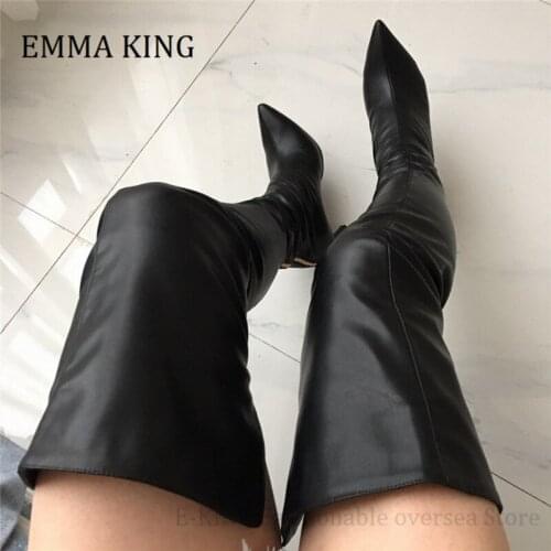 Autumn Winter Women Thigh High Boot Stretchy Faux Leather High Heels Over The Knee Botas Sexy Pointed Toe Nightclub Party Shoes