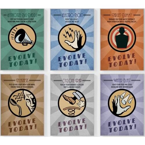 Bioshock Plasmids Poster Electro Teleki Cyclon Hypnot Skill Retro Club Home Mural Pub Garage Canvas Prints Kid Wall Art Pictures