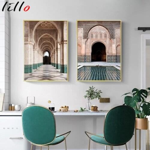 Islamic moroccan arch poster building hassan ii mosque painting on canvas quran praise wall art canvas arabic muslim home decor