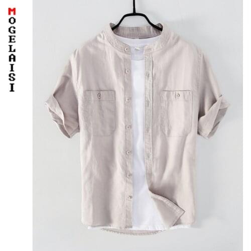 Summer men shirt short sleeve linen cotton tops shirts for man fashion solid Double pocket Soft fabric shirt Asian size XXXL 885