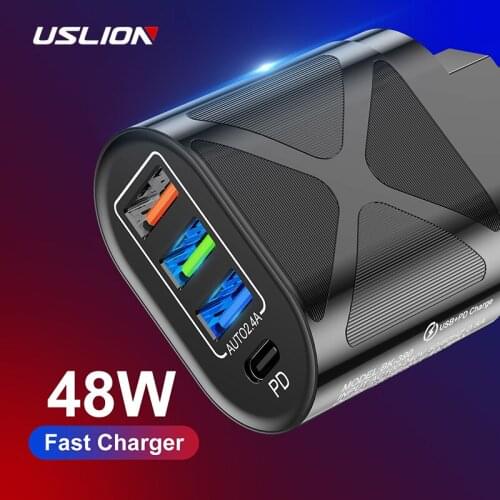 USLION 4 Ports QC 3.0 USB PD Charger EU US UK LED Fast Charging Wall Charger Adapter For iPhone 12 Samsung Xiaomi Phone Charger