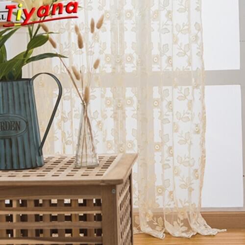 Beige flowers Embroidery Tulle Curtains for Living Room Simplicity Beautiful White 3D Flower Sheer Tulle for Kitchen Balcony #VT