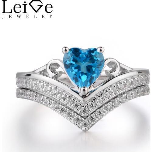 Leige Jewelry Swiss Blue Topaz Ring 925 Sterling Silver for Women Heart Cut Gem Romantic Wedding Anniversary Rings with Stones