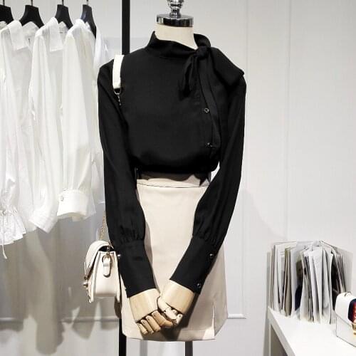 Vintage Bow Neck Black Women Shirts Summer New 2021 Long-Sleeved Office Lady Elegant Outwear Tops