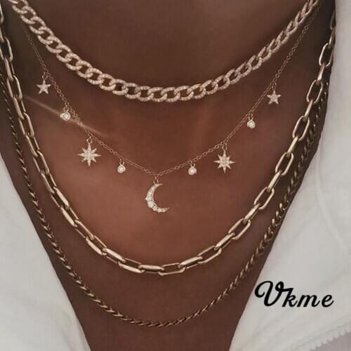 VKME Bohemian Gold Chain Necklaces For Women Multilayer Moon Star Pendant Necklace Portrait Chokers Jewelry Gift 2020