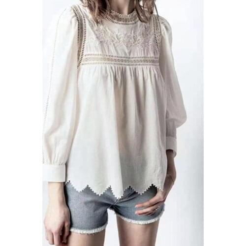 2021 Spring and Summer New Fashion Embroidery Hollow Inlaid Lace Serrated Hem Loose and Versatile Solid Color Shirt