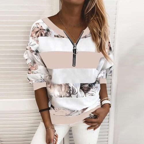40# Vintage Zipper Blouses Women Striped Floral Print Shirts Long Sleeve Stand Spring Blouse Pullover Shirts Ropa De Mujer 2021