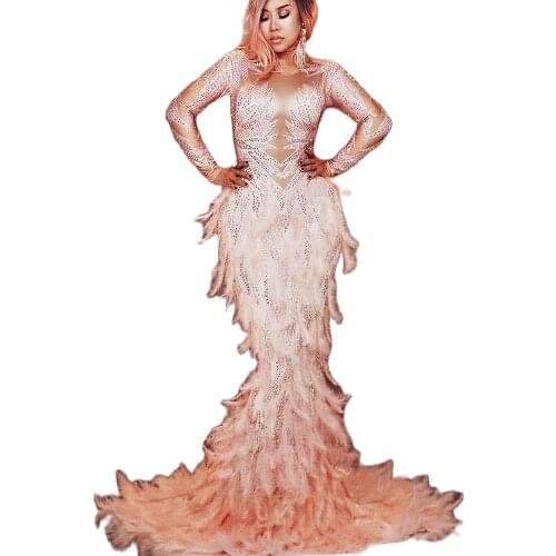 Pink Feather Dresses Sparkling Rhinestones Long Trailing Fishtail Dress Ladies Nightclub Performance Dance Costume Elegant Wear