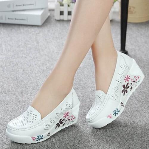 New Womens Genuine Leather Platform Shoes Wedges White Lady Hollow printing Casual Shoes Swing mother Shoes Size 35-40