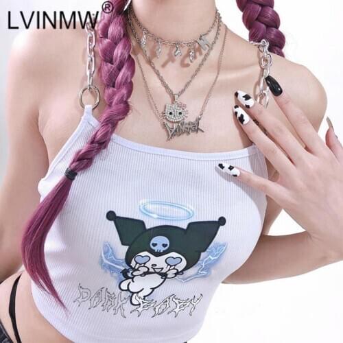 LVINMW Devil Letter Printed Slim Fashion Backless Sleeveless Camis Metal Chain Patchwork Casual Simple Crop Top Tops Women