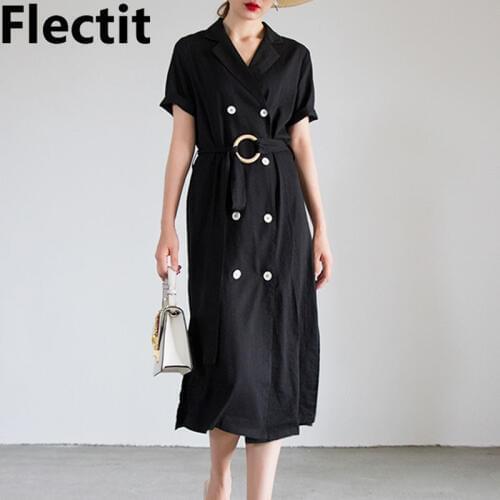 Flectit Business Chic Double Breasted Suit Dress with Ring Belt Short Sleeve Lapel Midi Dress Korean Women Fashion