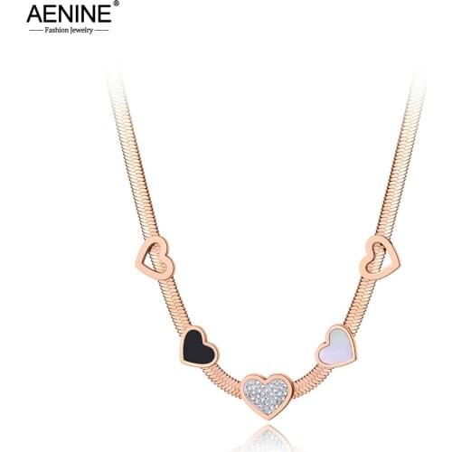 AENINE Stainless Steel Acrylic & Shell Heart Charm Necklace Bohemia CZ Crystal Pendant Snake Chain Jewelry For Women AN20046