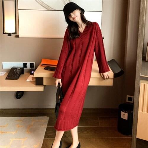 Sexy V Neck Thick Twist Knitted Dress Autumn Winter Loose Large Size Sweater Black Dress Party Red Sweater Robe Femme Hiver 2021