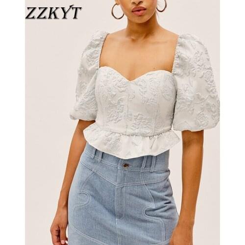 ZZKYT 2021 Women Summer Vintage Solid Ruffles Cropped Blouses Fashion Square Collar Puff Sleeves Female Shirts Blusas Chic Tops