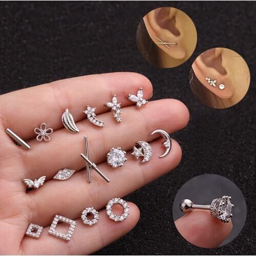 1Pc 16 styles Cz Square Round Butterfly Flower Feather Cartilage Earring Tragus Stud Conch Rook Helix Ear Piercing Jewelry