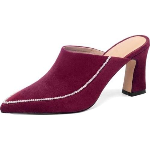 2020 Women Sandals Microfiber Bordered Square High Heel Women Pumps Pointed Toe Scrub Summer Slingback Women Shoes Size 34-43