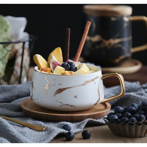 300ml Luxury matte ceramic marble tea coffee Cups and with wood Saucers black and white gold inlay ceramic cups