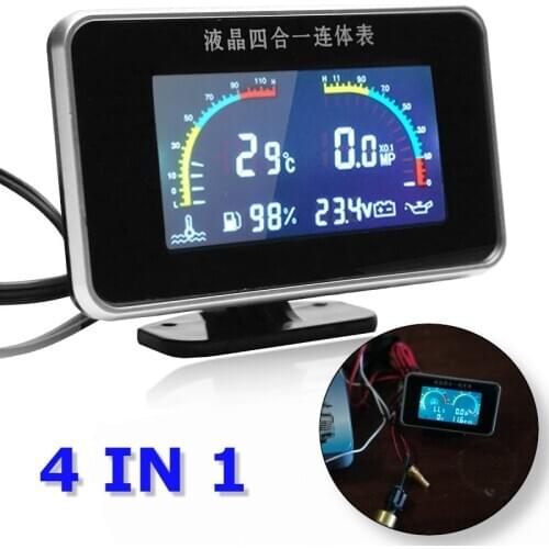 4in1 LCD Car Digital ALARM Gauge Voltmeter Voltage Oil Pressure Fuel Water Temp Gagues Plastic Shell Universal for 12V-24 Cars