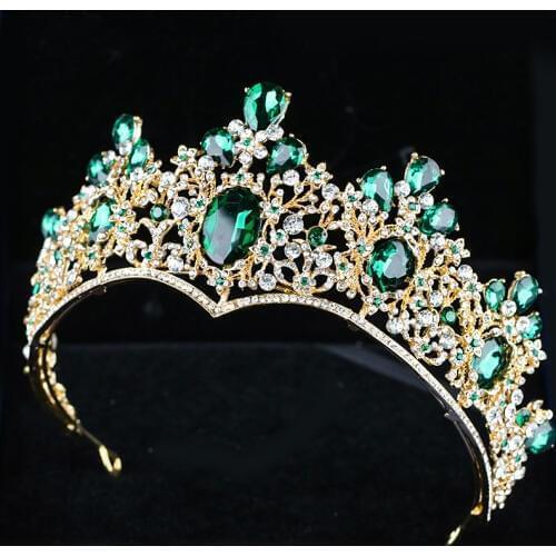 Baroque Gold Women Wedding Hair Accessories Bridal Tiara Retro Green Crystal Bride Queen Crowns Head Decorations Headbands CR115