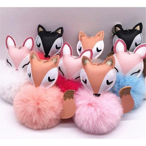 Cute Mini Fox Fur Ball Keychain Girl Women Bag Key Ring Handmade Fluffy Pompom Ball Key Chain Car pom pom Key Ring Pendant
