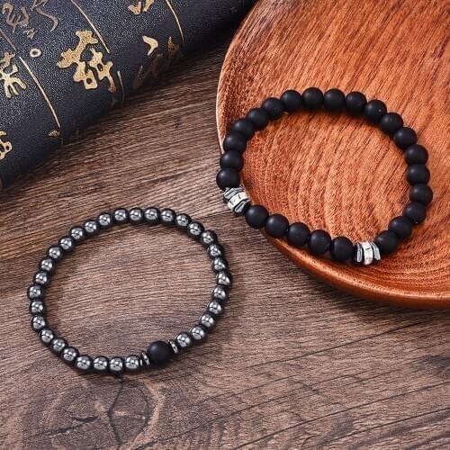 2pcs Temperament Natural Stone Retro Prayer Beads 8mm Black Frosted Copper Bracelet Male Matte Lava Volcanic Jewelry Gift