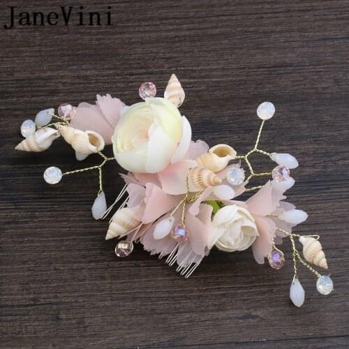JaneVini Bohemia Artificial Flowers Bridal Hair Comb Shell Pink Women Wedding Hair Accessories Hairpins Wedding Haar Spelden
