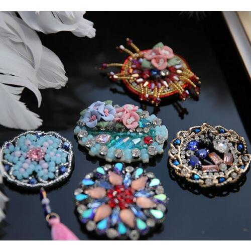 Handmade flower rhinestone beaded patch for clothing Flowers sequin Applique with Tassels Sewing Craft decorative parches bordad