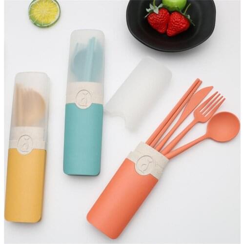 4Pcs/Set Travel Cutlery Portable Cutlery Box Japan Style Wheat Straw Knife Fork Spoon Student Dinnerware Sets Kitchen Tableware