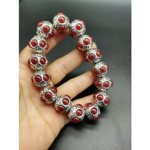 China Old Tibetan Silver Inlaid Red Colour Jade Bead Hand String Bracelet