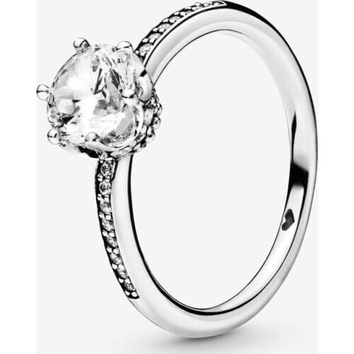 100% 925 Sterling Silver Rings for Women Blue Clear Sparkling Crown Solitaire Ring Stackable Silver Jewelry Wedding Party Gift