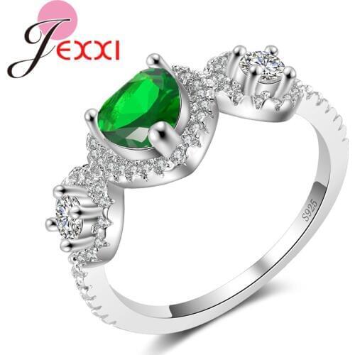 New Creative Green Heart Crystal Rings with White Zircon Stone Women Fashion 925 Sterling Silver Wedding Jewelry Bague