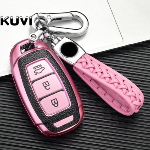 Leather Car Key Case For Hyundai Santa Fe TM 2019 I30 2018 Solaris Azera Elantra Grandeur Accent Keychain Holder Protector