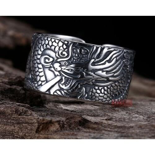 2021 New Mens Flying Dragon Retro Punk Style Heart Sutra Carved Buddhist Animal Jewelry High Fashion Ring