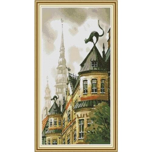 Black Cat on The Roof Cross Stitch Patterns Embroidery Kits DIY Handmade Needlework Sets 14CT 11CT Counted Printed Fabric Crafts