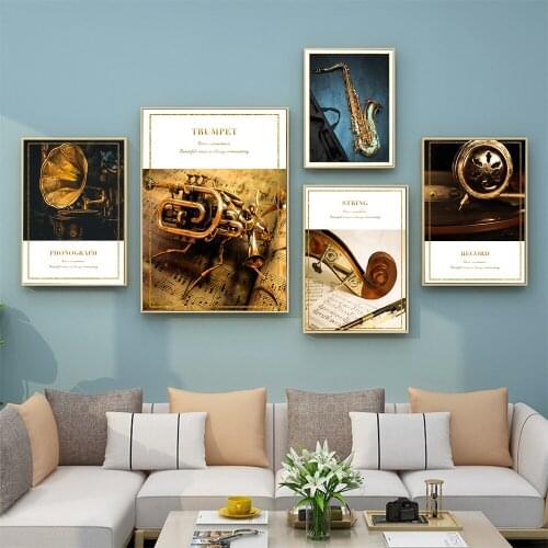 Wall Art Painting Nordic Black And White Gold Musical Instrument Guitar Violin Phonograph Combination Home Decoration Painting