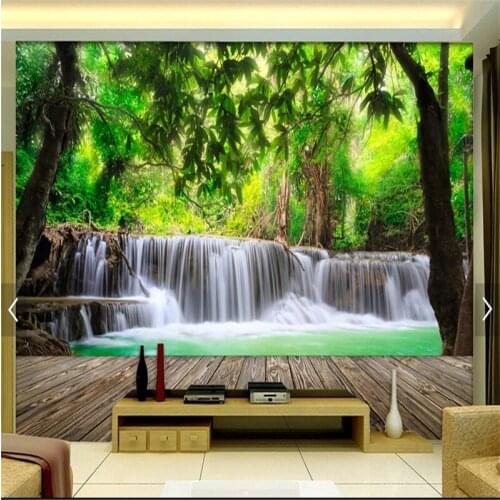 Custom Mural Wallpaper 3D Wood Board Forest Waterfall Nature Landscape Photo Wallpaper Papel De Parede 3D Wall Paper Home Decor