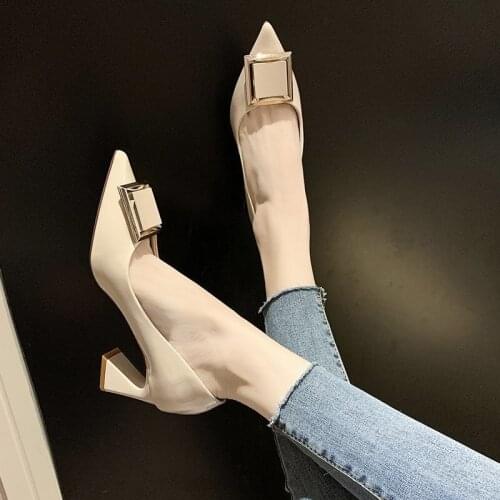 2021 spring and autumn new ladies all-match fashion high heels shallow mouth square buckle shoes
