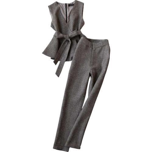 Autumn winter fashion ladies sleeveless plaid woolen blazer +pencil pants two piece sets women