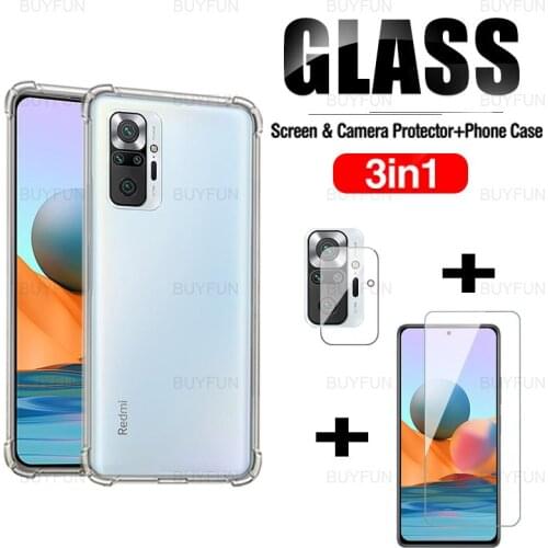 3in1 Transparent Anti-drop Silicone Case For Xiaomi Redmi Note 10 Pro Tempered Glass Lens Film For redmi note 10 9 8 7 pro 10s
