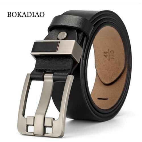 BOKADIAO mens genuine leather belt vintage Alloy Pin Buckle Black Cowskin waist belt Luxury designer Belts for Men high quality