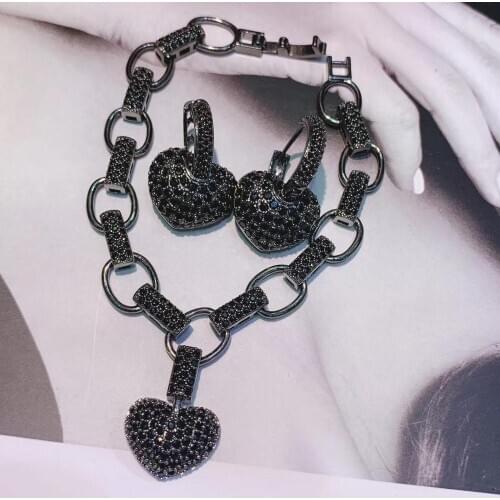Luxury Black Heart Link Chain Bracelets Earring sets Cubic Zircon CZ Vintage Bohemian Women Female Fashion Jewelry S0750
